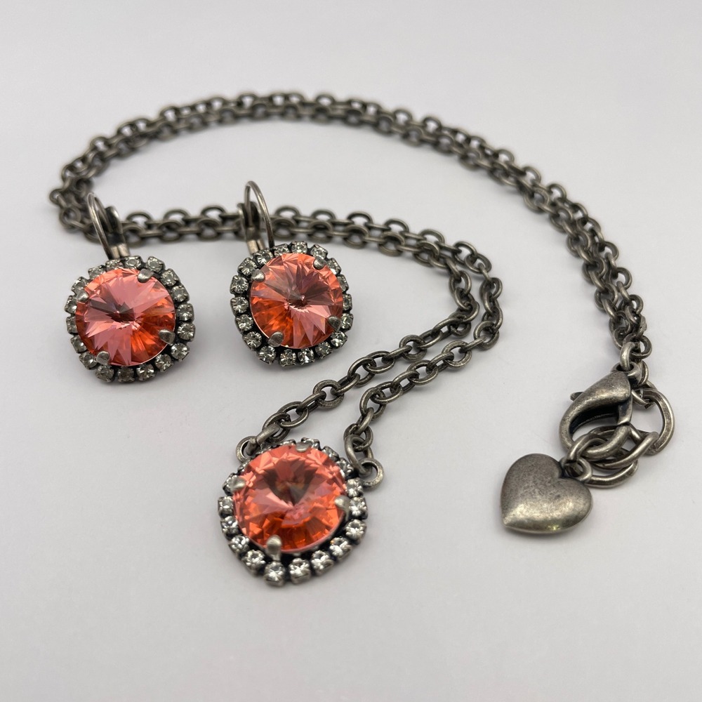 Peach Rivoli Sparkling Rhinestone Necklace Earring Set Similar to Sabika - Picture 3 of 11
